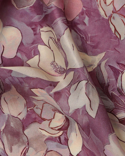 Mauve and Beige Floral Printed Viscose Modal Satin Fabric, 110 Cms Width, Made in India-D26255
