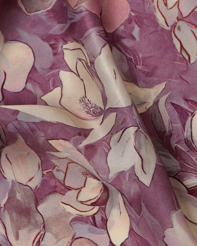 Mauve and Beige Floral Printed Viscose Modal Satin Fabric, 110 Cms Width, Made in India-D26255