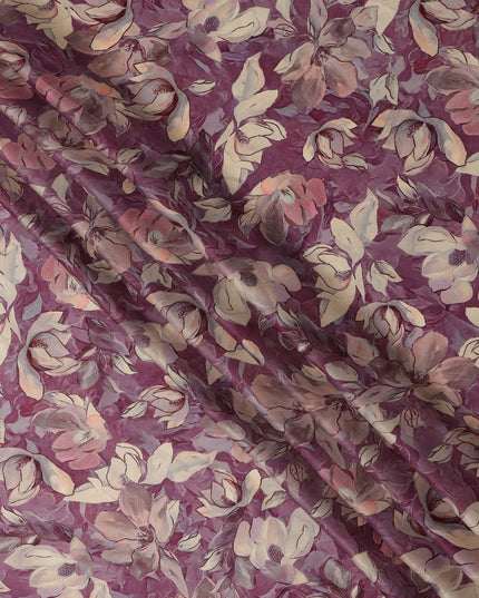 Mauve and Beige Floral Printed Viscose Modal Satin Fabric, 110 Cms Width, Made in India-D26255