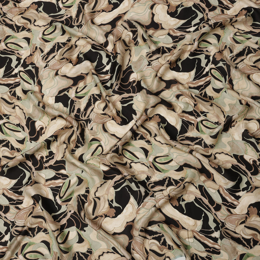 Black and Beige Abstract Marble Printed Viscose Modal Satin Fabric, 110 Cms Width, Made in India-D26251
