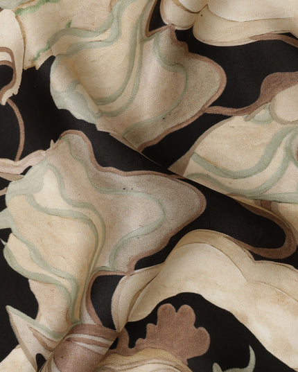 Black and Beige Abstract Marble Printed Viscose Modal Satin Fabric, 110 Cms Width, Made in India-D26251