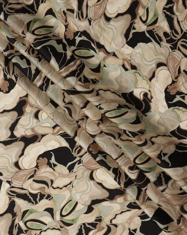 Black and Beige Abstract Marble Printed Viscose Modal Satin Fabric, 110 Cms Width, Made in India-D26251