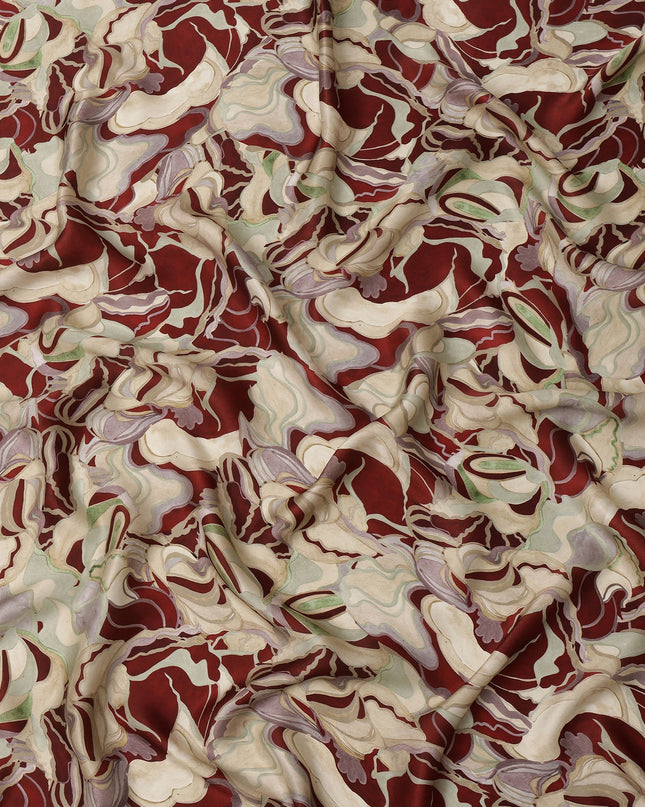 Maroon and Beige Abstract Printed Synthetic Satin Fabric, 110 Cms Width, Made in India-D26248