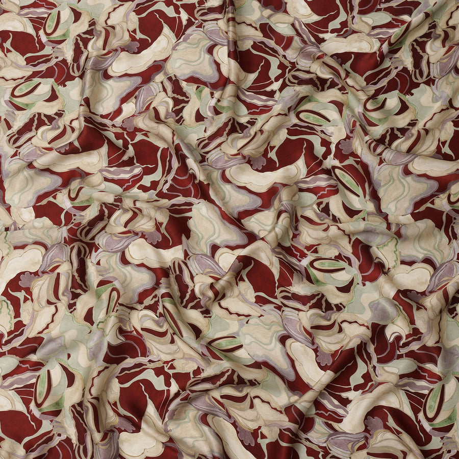 Maroon and Beige Abstract Printed Synthetic Satin Fabric, 110 Cms Width, Made in India-D26248