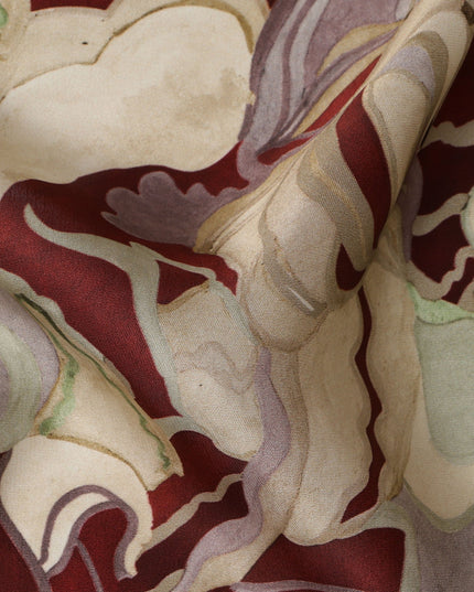 Maroon and Beige Abstract Printed Synthetic Satin Fabric, 110 Cms Width, Made in India-D26248