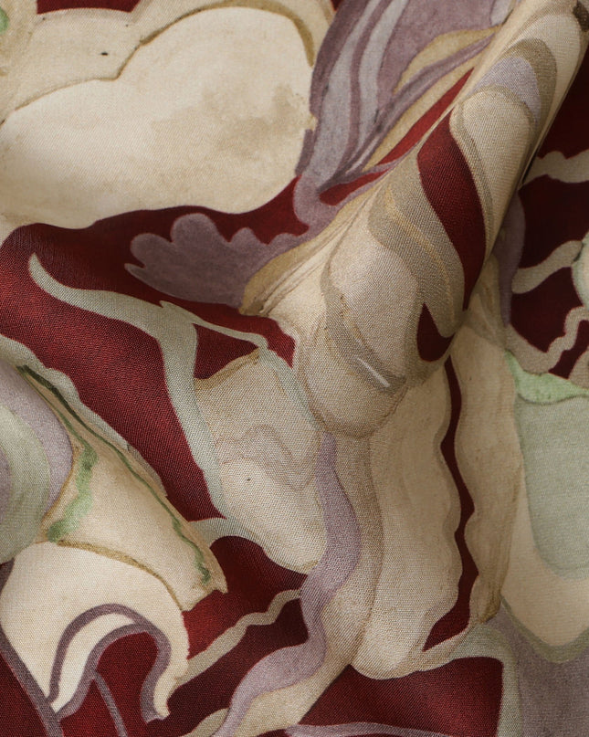 Maroon and Beige Abstract Printed Synthetic Satin Fabric, 110 Cms Width, Made in India-D26248