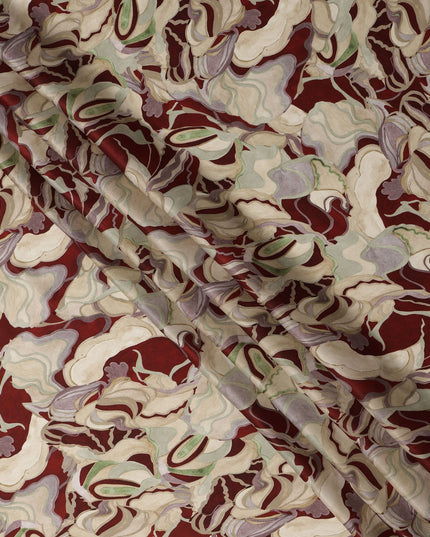 Maroon and Beige Abstract Printed Synthetic Satin Fabric, 110 Cms Width, Made in India-D26248