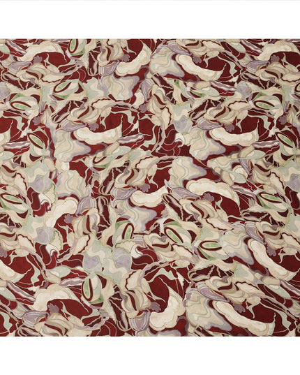 Maroon and Beige Abstract Printed Synthetic Satin Fabric, 110 Cms Width, Made in India-D26248