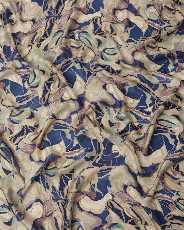 Navy Blue and Beige Abstract Marble Printed Viscose Modal Satin Fabric, 110 Cms Width, Made in India-D26252