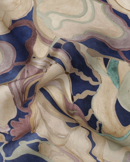 Navy Blue and Beige Abstract Marble Printed Viscose Modal Satin Fabric, 110 Cms Width, Made in India-D26252