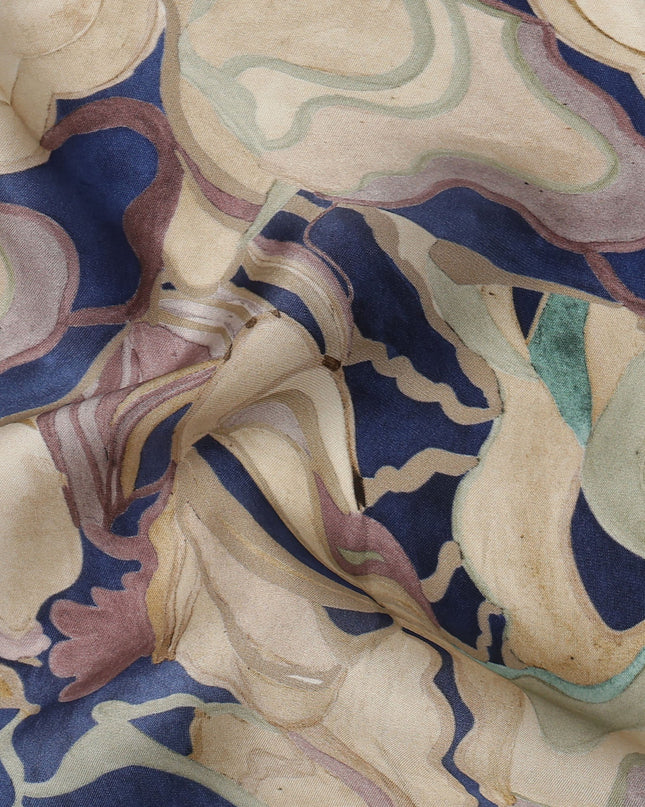 Navy Blue and Beige Abstract Marble Printed Viscose Modal Satin Fabric, 110 Cms Width, Made in India-D26252