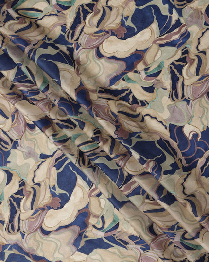 Navy Blue and Beige Abstract Marble Printed Viscose Modal Satin Fabric, 110 Cms Width, Made in India-D26252