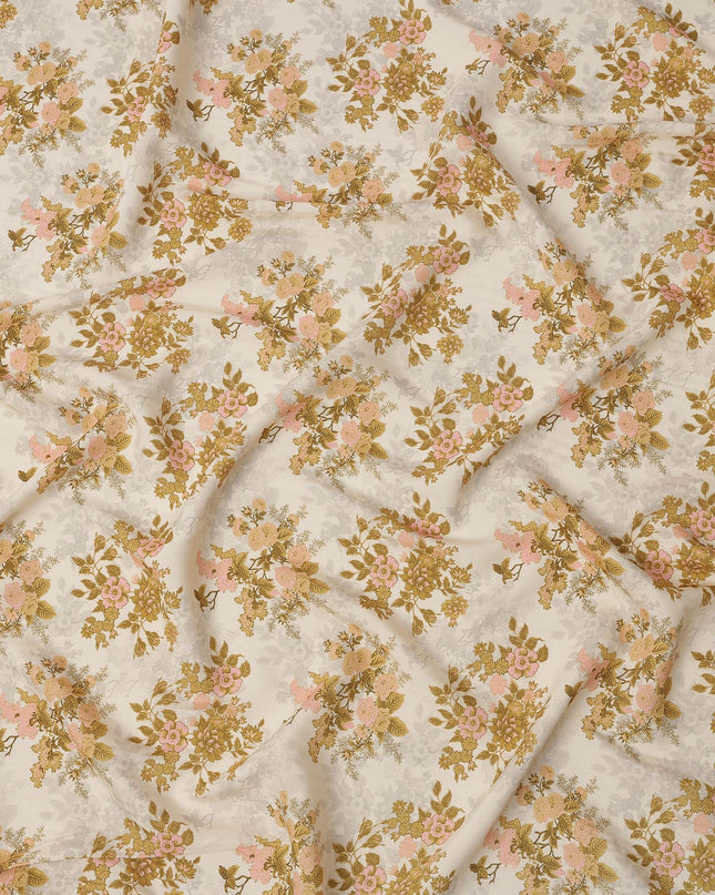Cream and Mustard Floral Printed Viscose Crepe Fabric, 110 Cms Width, Made in India-D26244