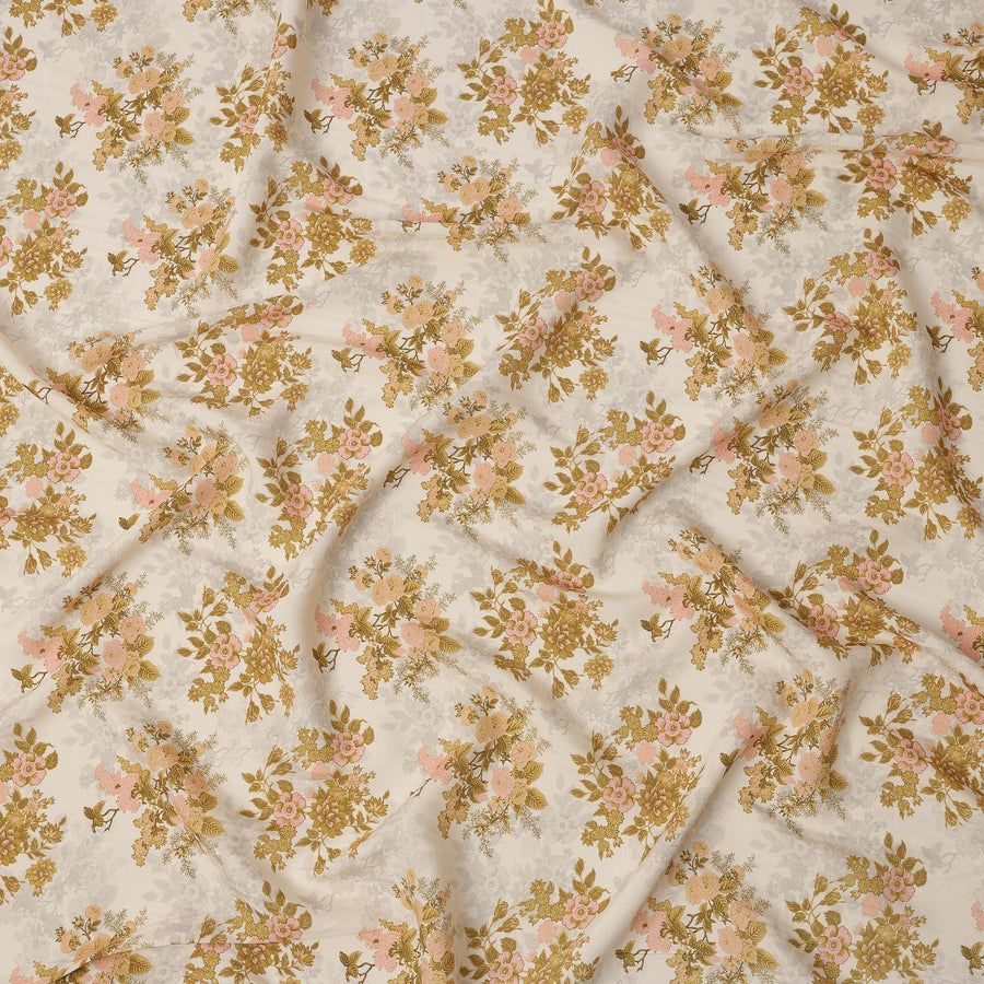Cream and Mustard Floral Printed Viscose Crepe Fabric, 110 Cms Width, Made in India-D26244
