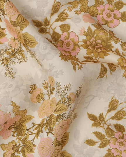 Cream and Mustard Floral Printed Viscose Crepe Fabric, 110 Cms Width, Made in India-D26244