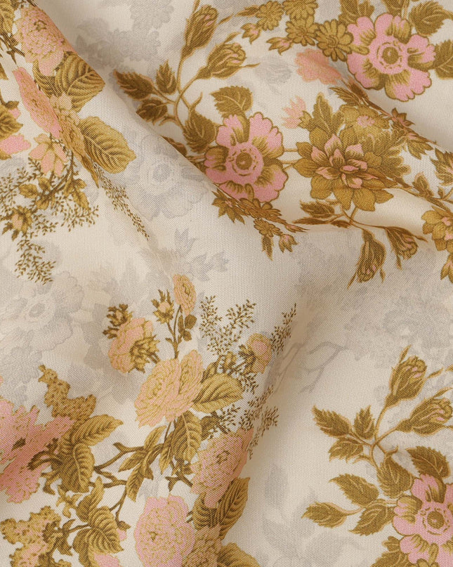 Cream and Mustard Floral Printed Viscose Crepe Fabric, 110 Cms Width, Made in India-D26244
