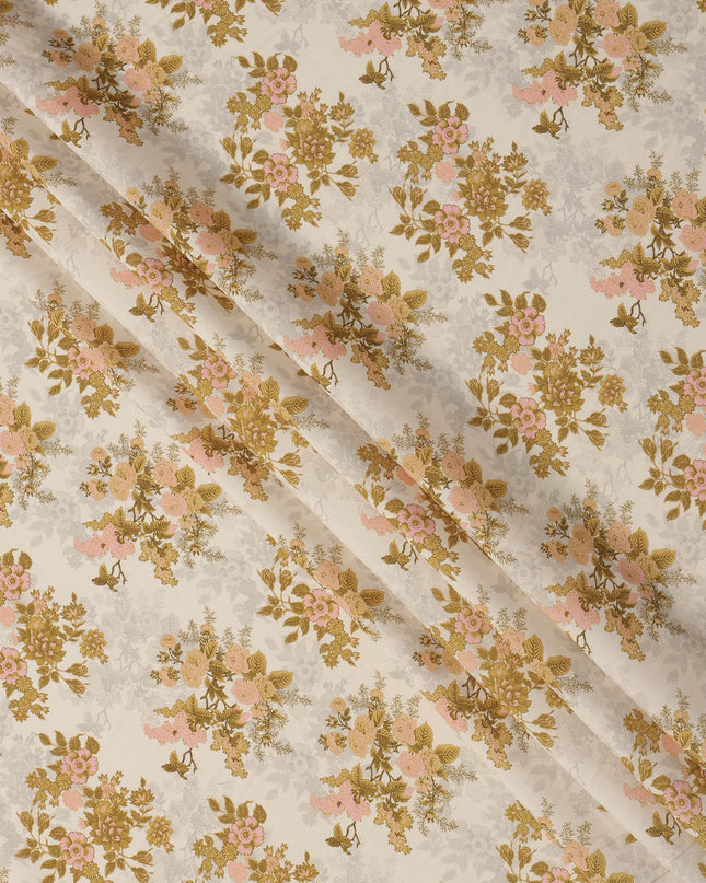 Cream and Mustard Floral Printed Viscose Crepe Fabric, 110 Cms Width, Made in India-D26244