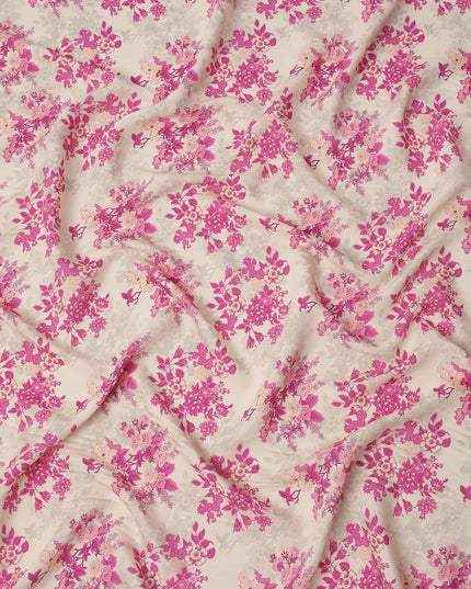 Cream and Pink Floral Printed Viscose Crepe Fabric, 110 Cms Width, Made in India-D26243