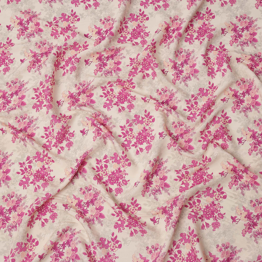 Cream and Pink Floral Printed Viscose Crepe Fabric, 110 Cms Width, Made in India-D26243