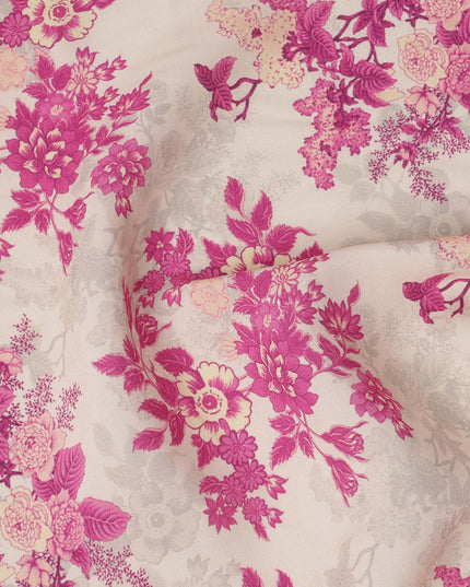 Cream and Pink Floral Printed Viscose Crepe Fabric, 110 Cms Width, Made in India-D26243
