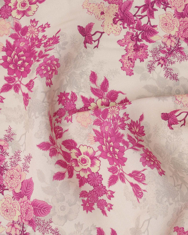 Cream and Pink Floral Printed Viscose Crepe Fabric, 110 Cms Width, Made in India-D26243