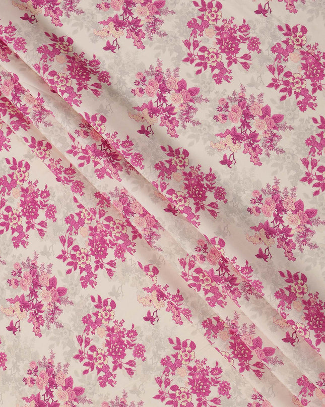Cream and Pink Floral Printed Viscose Crepe Fabric, 110 Cms Width, Made in India-D26243