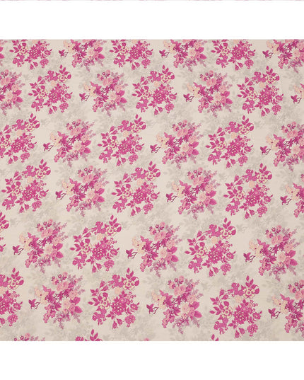 Cream and Pink Floral Printed Viscose Crepe Fabric, 110 Cms Width, Made in India-D26243
