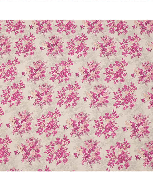 Cream and Pink Floral Printed Viscose Crepe Fabric, 110 Cms Width, Made in India-D26243