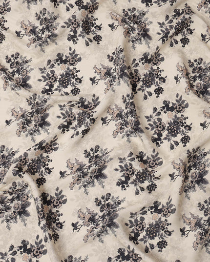 Cream and Black Floral Printed Viscose Crepe Fabric, 110 Cms Width, Made in India-D26245