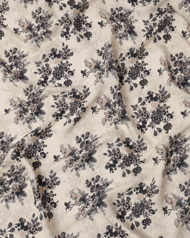 Cream and Black Floral Printed Viscose Crepe Fabric, 110 Cms Width, Made in India-D26245