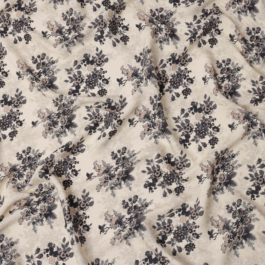 Cream and Black Floral Printed Viscose Crepe Fabric, 110 Cms Width, Made in India-D26245