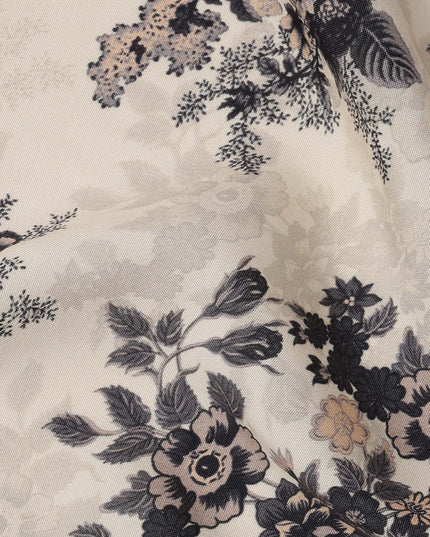 Cream and Black Floral Printed Viscose Crepe Fabric, 110 Cms Width, Made in India-D26245