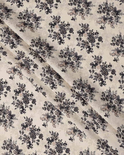 Cream and Black Floral Printed Viscose Crepe Fabric, 110 Cms Width, Made in India-D26245