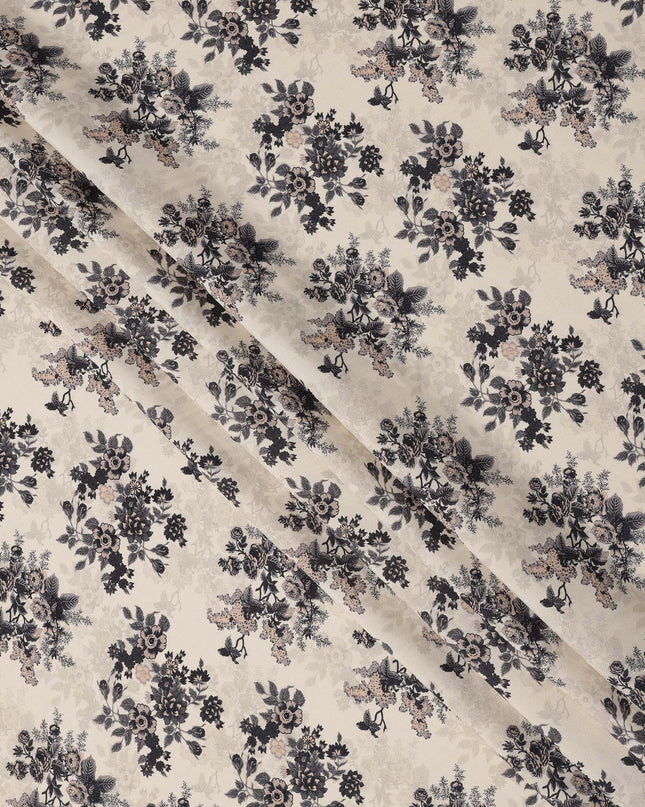 Cream and Black Floral Printed Viscose Crepe Fabric, 110 Cms Width, Made in India-D26245