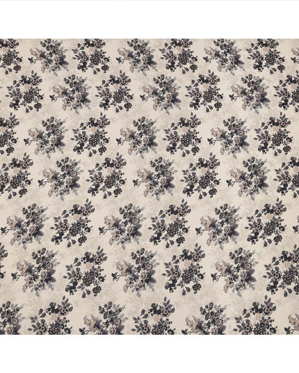 Cream and Black Floral Printed Viscose Crepe Fabric, 110 Cms Width, Made in India-D26245