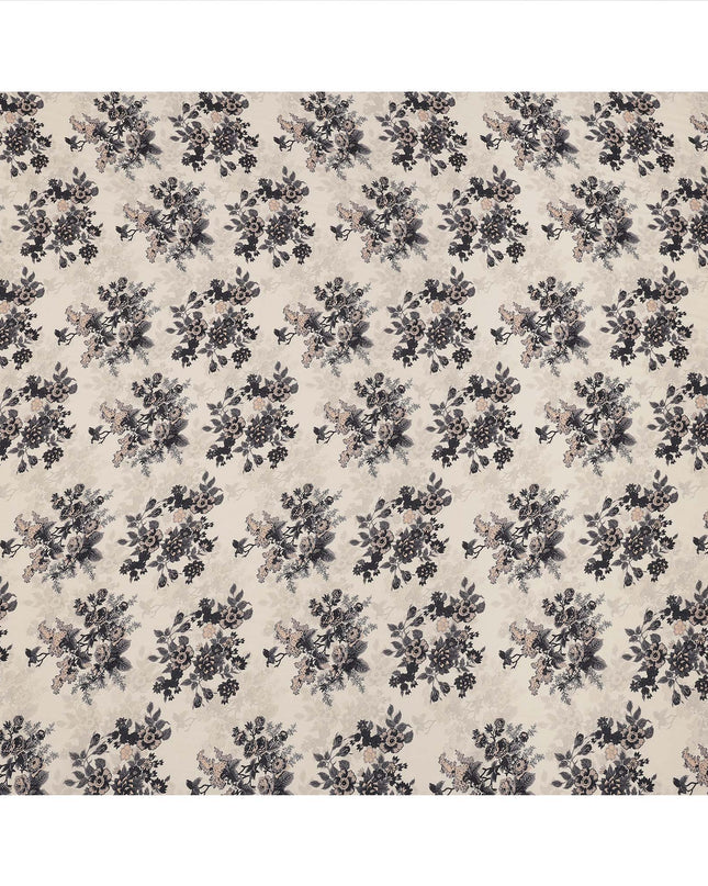 Cream and Black Floral Printed Viscose Crepe Fabric, 110 Cms Width, Made in India-D26245