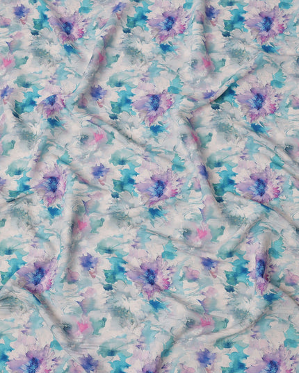 Blue and Lilac Watercolor Floral Printed Viscose Crepe Fabric, 110 Cms Width, Made in India-D26247