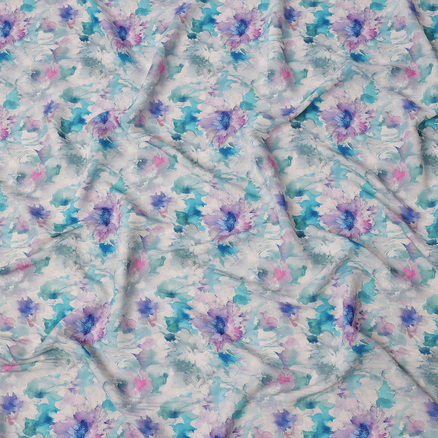 Blue and Lilac Watercolor Floral Printed Viscose Crepe Fabric, 110 Cms Width, Made in India-D26247
