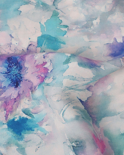 Blue and Lilac Watercolor Floral Printed Viscose Crepe Fabric, 110 Cms Width, Made in India-D26247