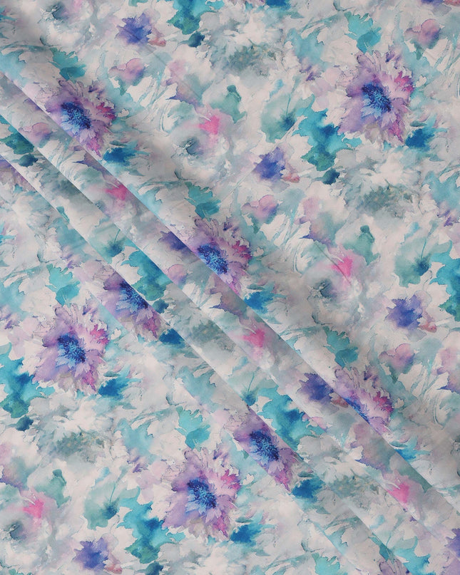 Blue and Lilac Watercolor Floral Printed Viscose Crepe Fabric, 110 Cms Width, Made in India-D26247