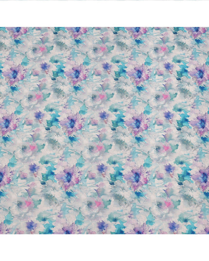 Blue and Lilac Watercolor Floral Printed Viscose Crepe Fabric, 110 Cms Width, Made in India-D26247