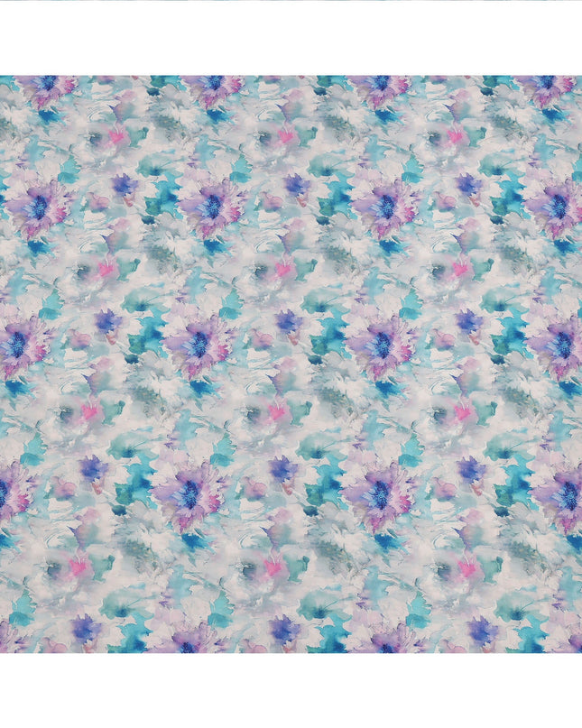 Blue and Lilac Watercolor Floral Printed Viscose Crepe Fabric, 110 Cms Width, Made in India-D26247