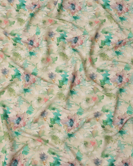 Beige and Aqua Watercolor Floral Printed Viscose Crepe Fabric, 110 Cms Width, Made in India-D26246