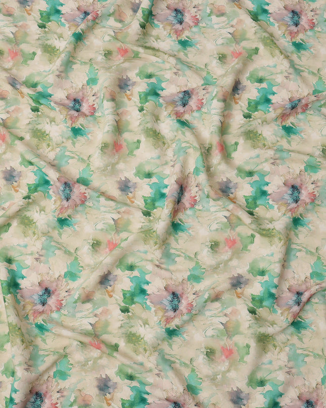 Beige and Aqua Watercolor Floral Printed Viscose Crepe Fabric, 110 Cms Width, Made in India-D26246