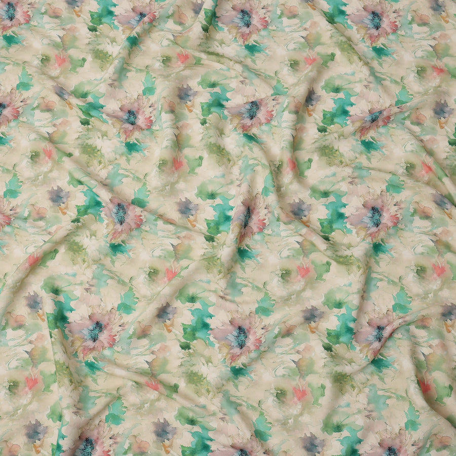 Beige and Aqua Watercolor Floral Printed Viscose Crepe Fabric, 110 Cms Width, Made in India-D26246