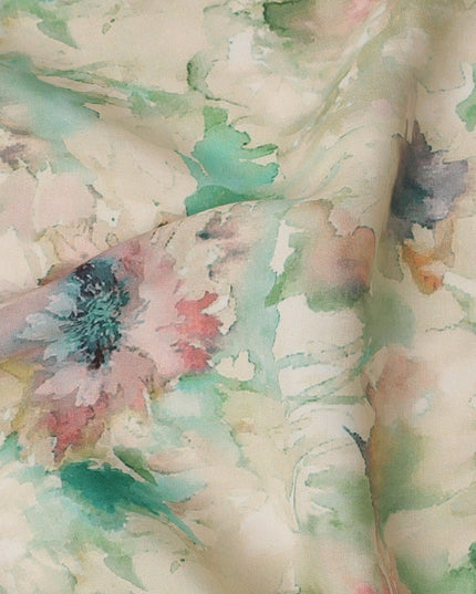 Beige and Aqua Watercolor Floral Printed Viscose Crepe Fabric, 110 Cms Width, Made in India-D26246