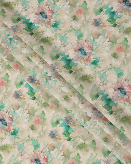 Beige and Aqua Watercolor Floral Printed Viscose Crepe Fabric, 110 Cms Width, Made in India-D26246