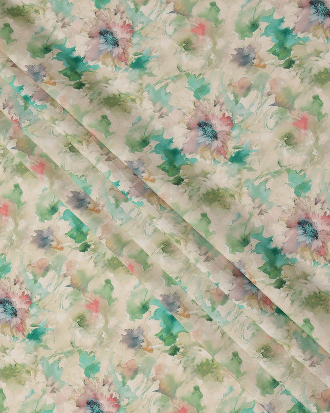 Beige and Aqua Watercolor Floral Printed Viscose Crepe Fabric, 110 Cms Width, Made in India-D26246