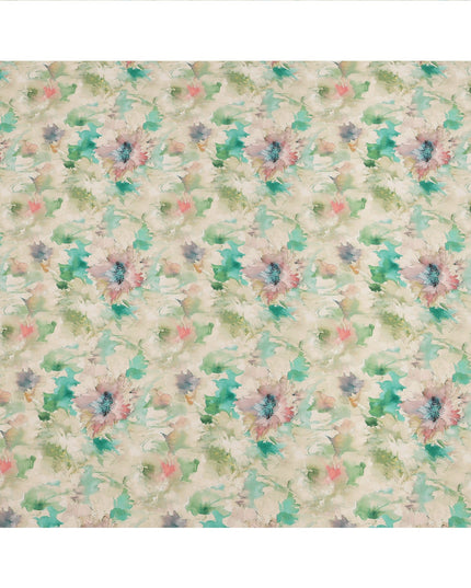 Beige and Aqua Watercolor Floral Printed Viscose Crepe Fabric, 110 Cms Width, Made in India-D26246