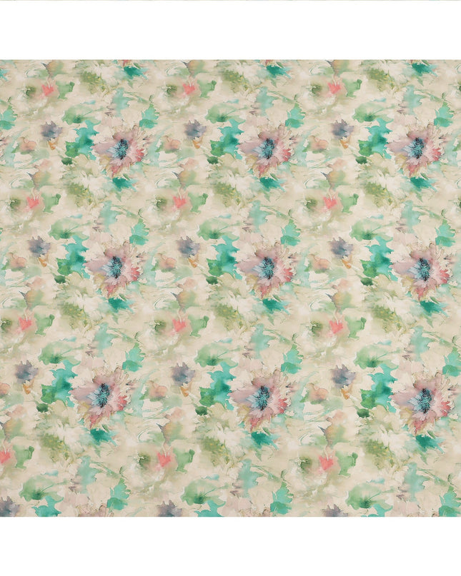 Beige and Aqua Watercolor Floral Printed Viscose Crepe Fabric, 110 Cms Width, Made in India-D26246